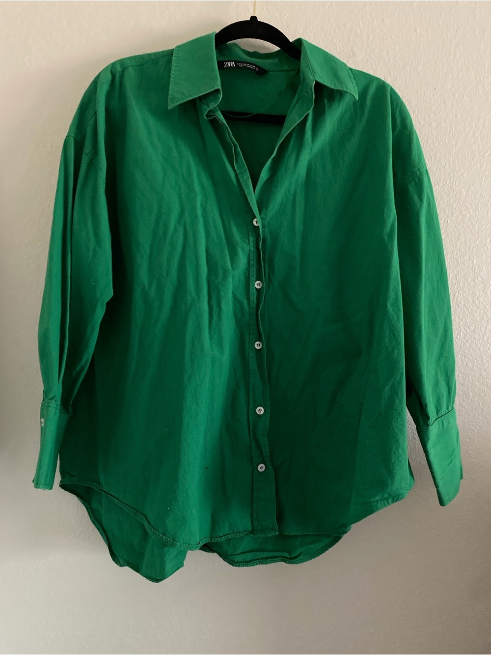 Zara Shirt Oversized Kelly Green Button Up Cotton Classic